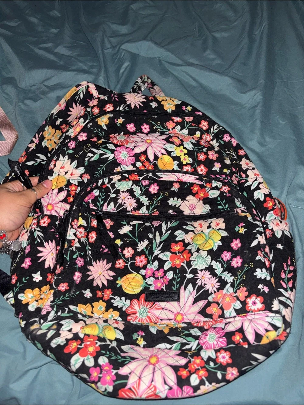 Vera Bradley Black Floral Backpack with Pink & Yellow Accents